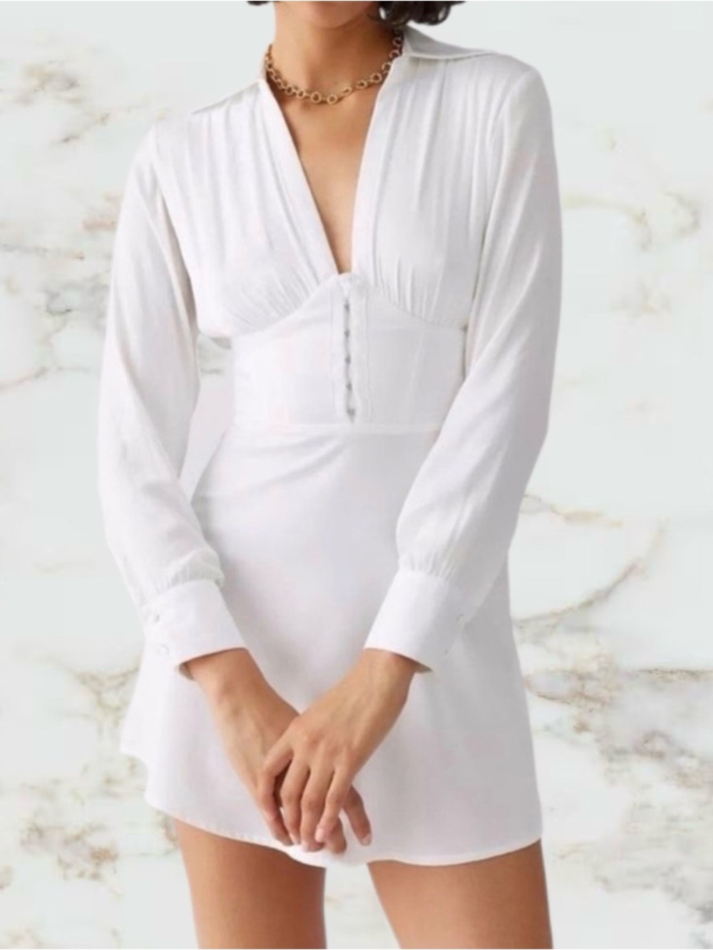 Urban Outfitters White Long-Sleeve V-Neck Empire Waist Chemise